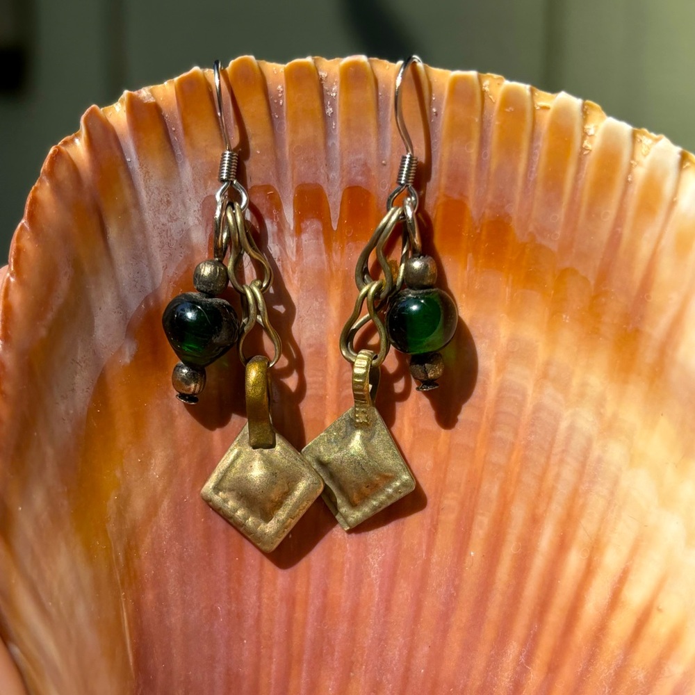 Handmade Vintage Glass and Kuchi Mixed Metal Dangle Earrings